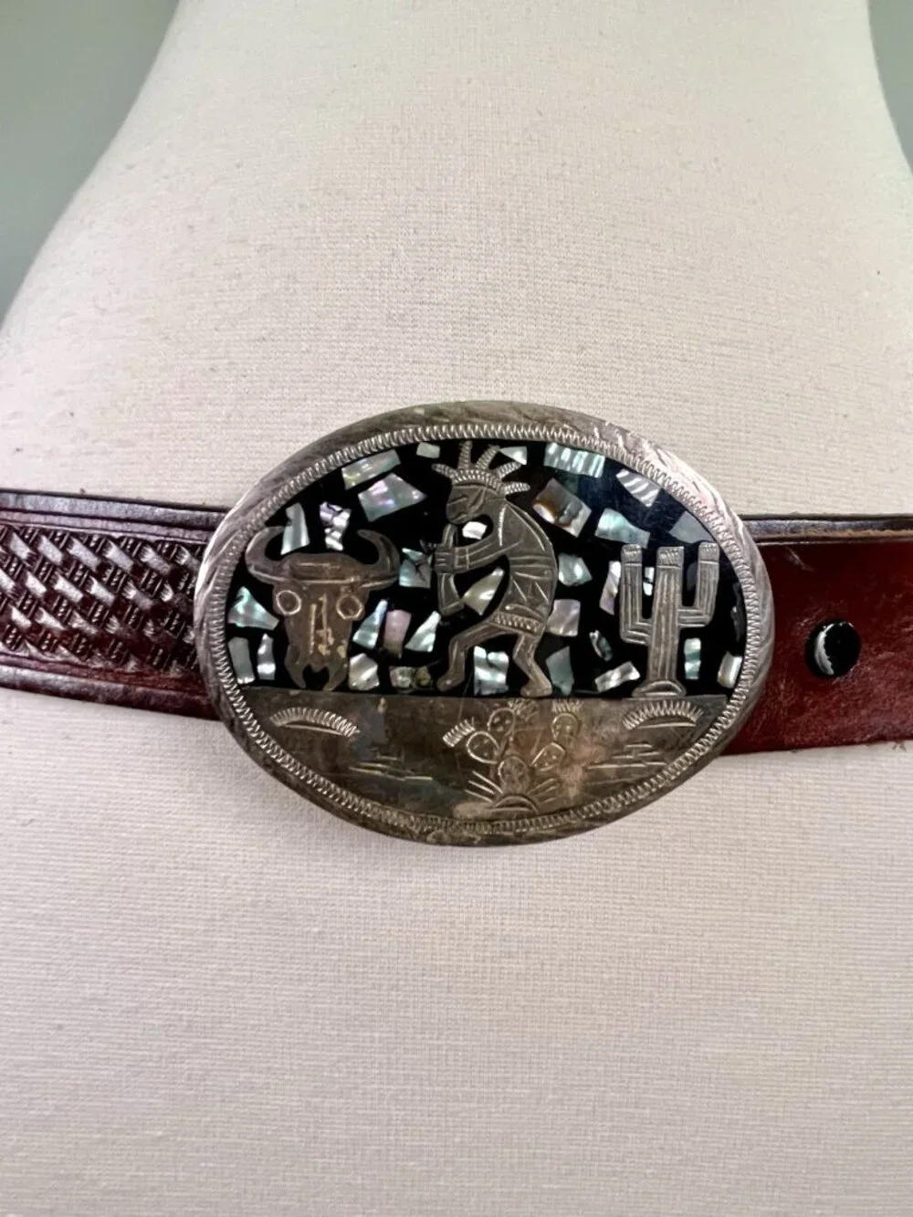 VTG Mexican Alpaca Silver Kokopelli Abalone Tooled Leather Belt Western 34”